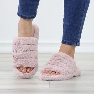 Pink Fuzzy Slippers Rhinestone Bands Open Toe Plush Indoor Slides